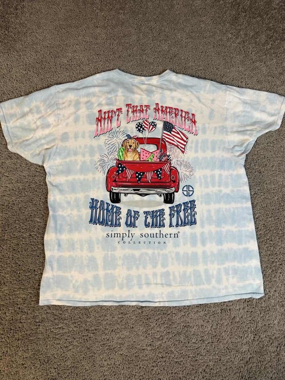 Simply Southern Shirt Womens XL Blue Tie Dye Patriotic Truck Graphic Back Print